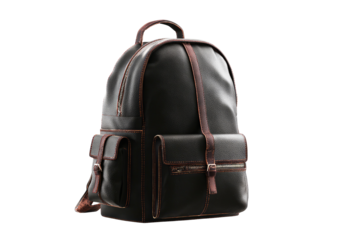Black leather backpack with red stitching on dark background, side view