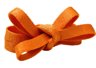 Bright orange ribbon tied in a loose bow, against a dark contrasting background