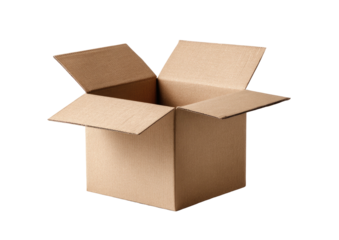 Empty cardboard box with flaps open, centered on a black background