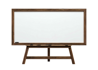 Wooden easel supports a blank, rectangular whiteboard, awaiting content creation