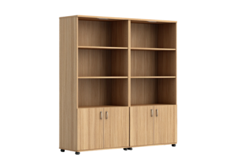 Wide, light wood veneer cabinet w/ shelves above doors. Simple & functional