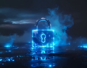 Glowing neon blue padlock symbolizing digital security, surrounded by mystical blue smoke and light particles on a dark, wet, reflective ground