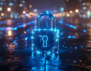 Futuristic neon blue padlock icon glowing brightly with digital binary code matrix patterns on a dark, wet, reflective surface with blurred city lights bokeh background