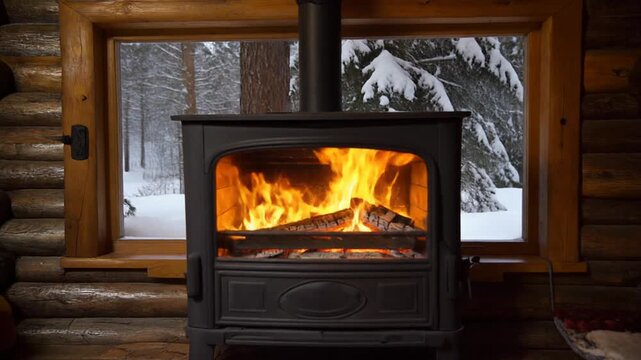 Cozy wood burning stove in log cabin on winter morning.
