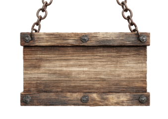 Rustic weathered wooden sign hanging with chain