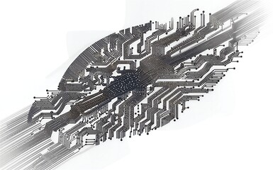 Abstract circuit board design, intricate patterns radiating from central core on muted gray background.