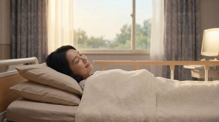 Peaceful asian woman sleeping comfortably in a hospital bed during recovery with soft sunlight