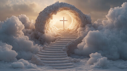 Religious Symbolism &ndash; Stairs to Cross of Light in Sky