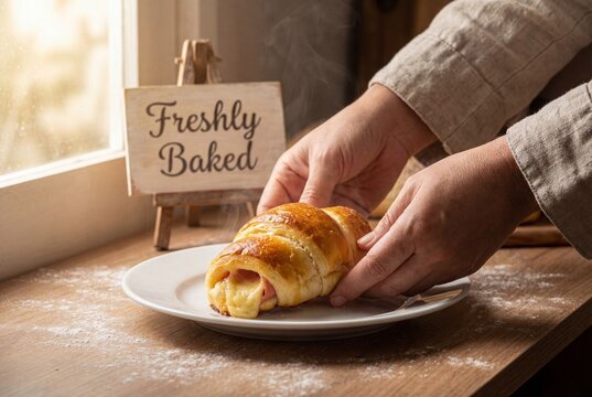 Baker hands placing a hot ham and cheese filled crescent roll on a plate on a rustic wooden table