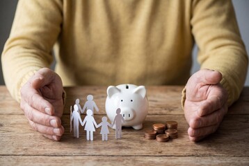 Hands of man protecting paper family and piggy bank with coins for financial security