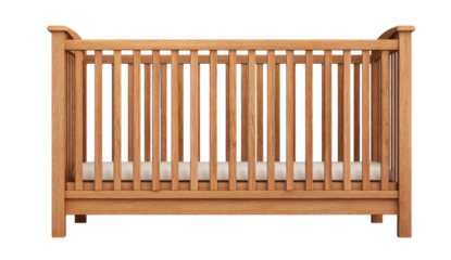 Wooden baby crib with slats, a simple white mattress inside, isolated