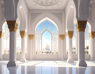 Fototapeta premium A luminous, palatial interior with arched doorways, ornate carvings, and sunlight flooding through windows showcasing a distant white structure