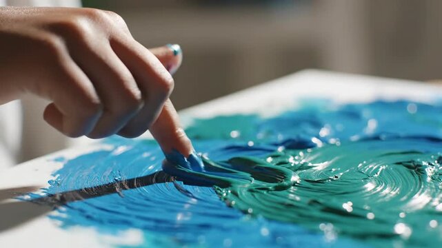 Finger painting with vibrant blue and green acrylic paint on canvas