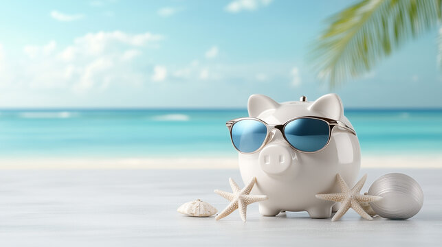 Funny Piggy Bank with Sunglasses on Beach &ndash; Summer Savings Concept