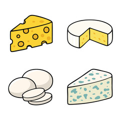 Cheddar cheese, brie cheese, mozzarella cheese, and blue cheese illustration set on white background