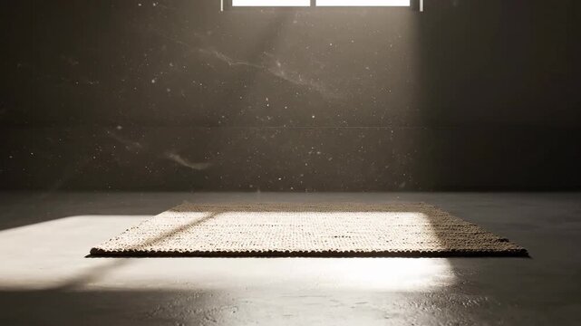 Rug in sunbeam with dust motes in a darkened room interior
