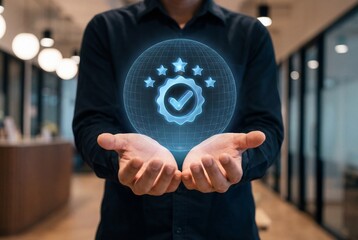 Businessman holding virtual quality assurance badge with checkmark and five stars in office