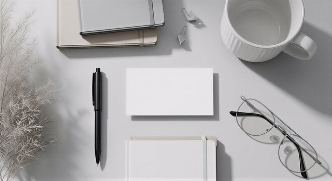 Minimal Business Card Mockup on Clean Desk Flat Lay with Notebook, Pen and Coffee Cup