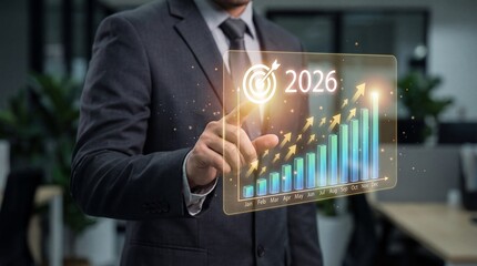 Businessman pointing at 2026 target and financial growth chart on digital screen in office