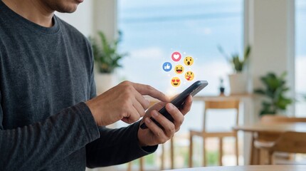 Man using smartphone with social media reaction icons floating above the digital screen concept
