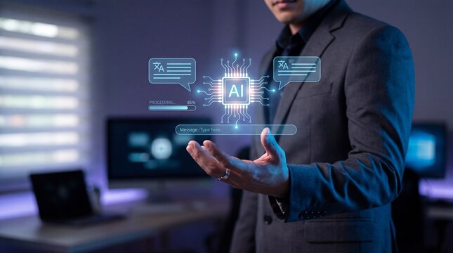 Professional man holding futuristic AI chatbot interface with language translation hologram icons - Powered by Adobe