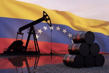 Oil pump jack and barrels against waving venezuela flag representing petroleum industry economy