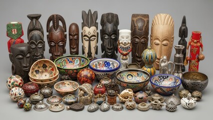 Collection of carved masks and painted bowls