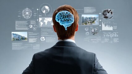 Brain's digital interface: An individual, seen from behind, is connected to a complex digital interface displaying interconnected images. This signifies the power of innovation, data analysis. - Powered by Adobe
