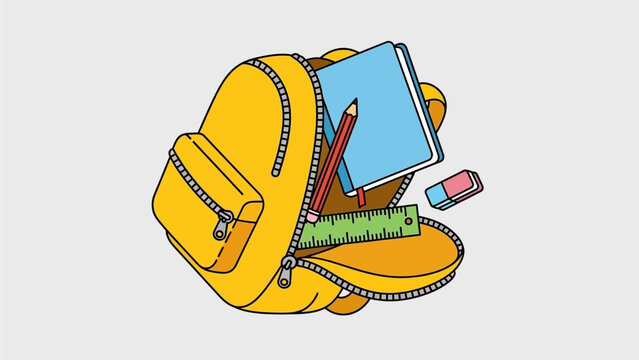 Bright yellow open backpack illustration filled with essential school supplies, including a notebook, pencil, ruler, and eraser, representing education and learning readiness