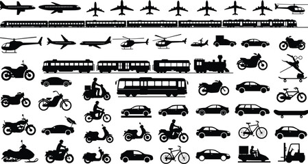 Obraz premium Large collection of black transport silhouettes including airplanes, trains, cars, motorcycles, buses, and helicopters, isolated vector illustration for travel and logistics design.
