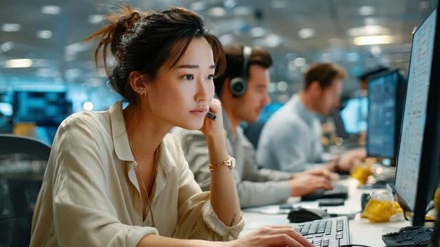 Focused Analyst in Modern Office: An intent analyst, immersed in data, collaborates seamlessly with colleagues in a dynamic, contemporary work environment.