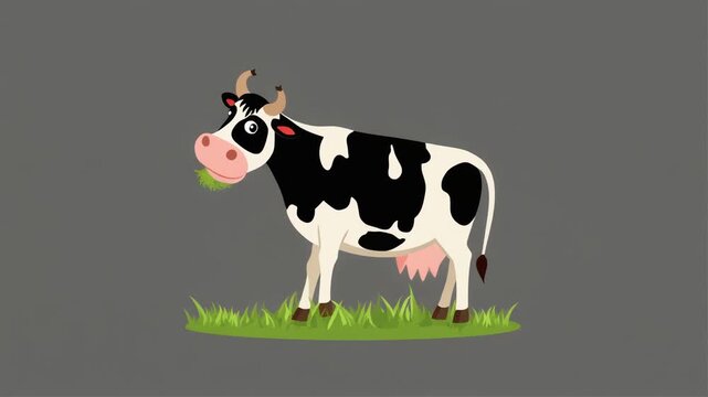 A stylized vector cow repeatedly lowering its head to 'eat' grass 