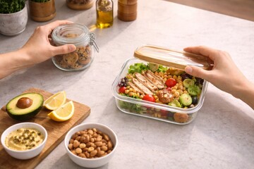 Luxury isometric meal prep in loft kitchen closing sweets opening salad mindful lifestyle