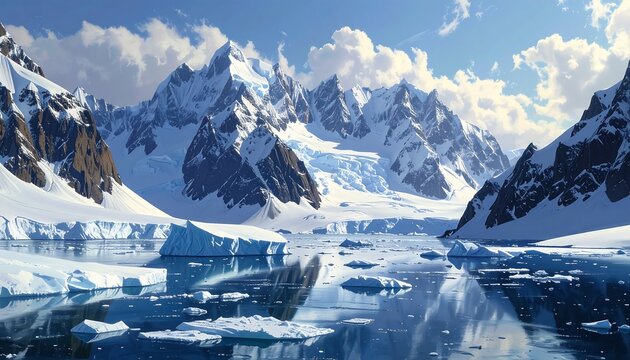 A serene Arctic panorama with snow-capped peaks, floating icebergs, and a reflective ocean under a partly cloudy sky - Powered by Adobe