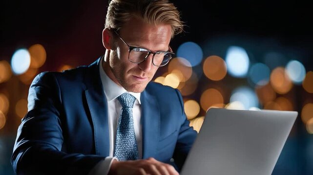 Night Owl's Hustle: An focused individual engrossed in work, utilizing a laptop, in a dimly lit setting.