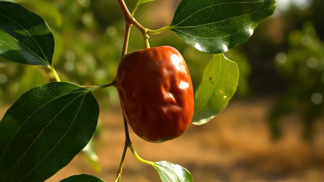 Ripe Jujube Fruit Hanging on a Branch in Beautiful Sunlight