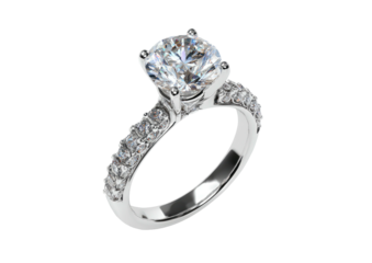 Shiny engagement ring with large round center stone on pave diamond band