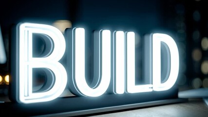A bright neon sign spells out BUILD on a sleek desk turned towards a city view at night