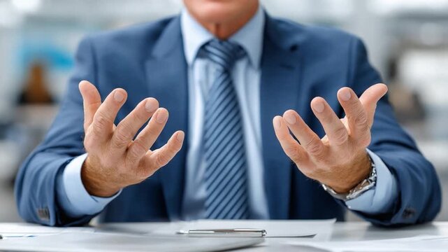 Professional Presentation: A focused businessman, impeccably dressed in a tailored suit, confidently gestures with open hands.