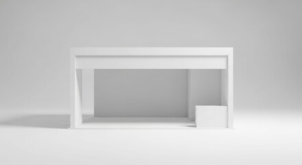 A clean, minimalist white exhibition booth with a counter, rendered in a studio setting.