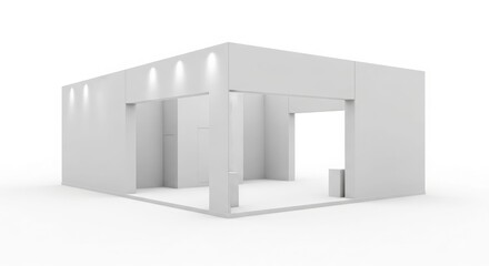 Empty white exhibition booth or trade show stand with spotlights on a plain background.