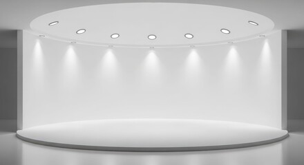 A modern, empty, circular white display stage with bright spotlights, ideal for product presentation or art exhibition.