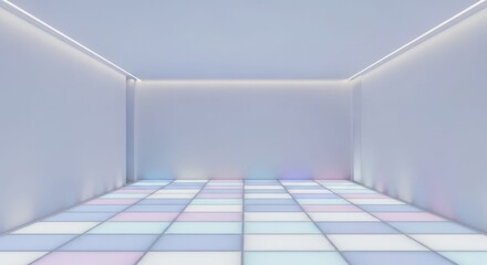 Empty modern room with glowing checkered floor and strip lighting.