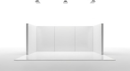 Empty white exhibition booth with spotlights, ready for branding and display.