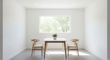 Minimalist dining area with a white table, two wooden chairs, and a potted plant in front of a large window.