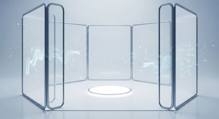 A futuristic virtual reality presentation room with transparent screens and a central glowing platform.