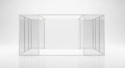 A clean, empty, and modern 3D rendered exhibition booth or trade show stand with transparent panels on a white background.