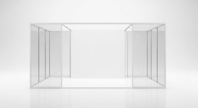 A clean, empty, and modern 3D rendered exhibition booth or trade show stand with transparent panels on a white background.