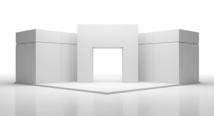 Clean white minimalist exhibition stand or trade show booth design.