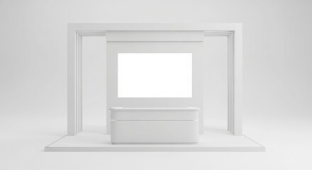 A minimalist white exhibition stand with a blank screen and counter for product display or event presentation.